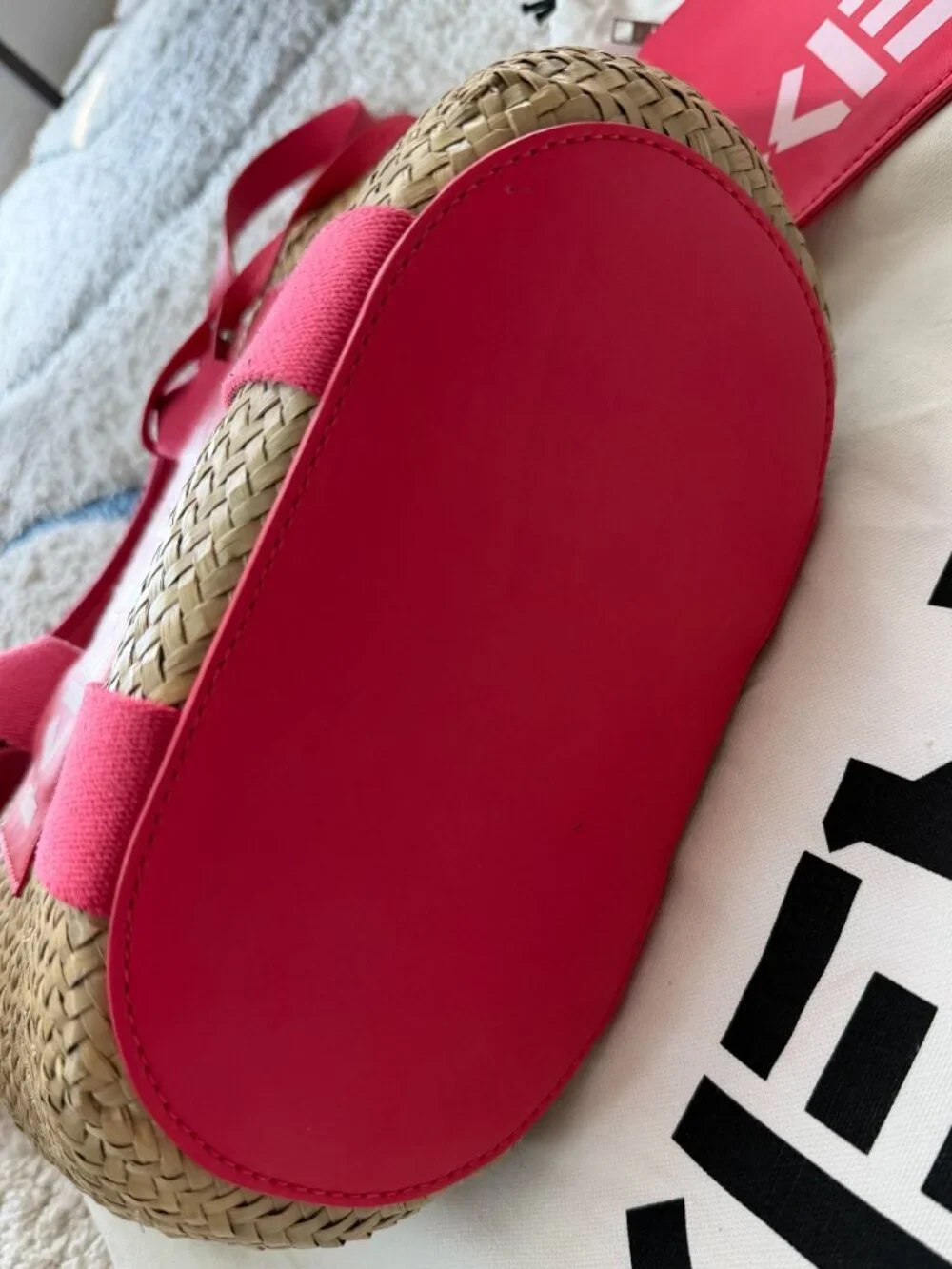 KENZO Logo Raffia Tote Bag Beige Pink Shoulder Bag
